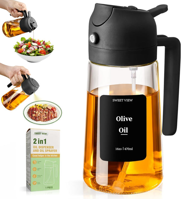 Olive Oil Sprayer for Cooking, 470Ml 2 in 1 Glass Oil Dispenser/Pour Bottle, Kitchen Accessories, Kitchen Gadgets for Air Fryer, Salad, BBQ (Black)