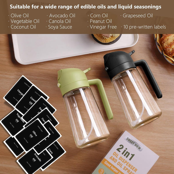 Olive Oil Sprayer for Cooking, 470Ml 2 in 1 Glass Oil Dispenser/Pour Bottle, Kitchen Accessories, Kitchen Gadgets for Air Fryer, Salad, BBQ (Black)