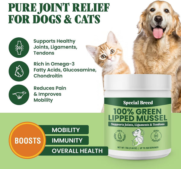 Green Lipped Mussel Powder for Dogs & Cats - 100% New Zealand Green Lipped Mussels - Natural Hip & Joint Supplement for Joints, Tendons,