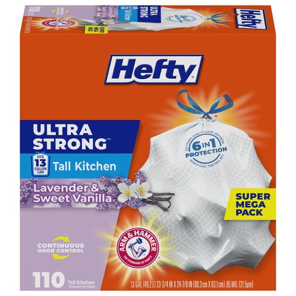 Hefty Ultra Strong 13 Gallon Trash Bags, Tall Kitchen, Drawstring Closure, Odor Control, White, Lavender, Sweet Vanilla, 110 Count Lavender &