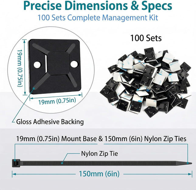Black Cable Tie Zip Self Adhesive Mounts Set, Cable Base Holders with Multi-Purpose Sticky Pads 100 Set