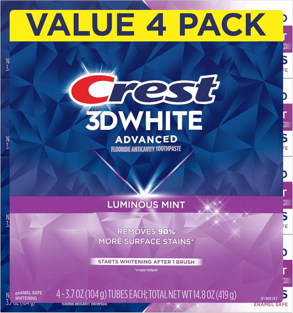 Crest 3D White Advanced, Teeth Whitening Toothpaste for Adults, 3.7 oz, 4 Pack, Cavity Protection Fluoride Toothpaste, Strengthens Enamel, Travel