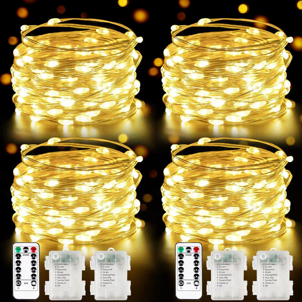 4 Pack 100 LED Fairy Lights Battery Operated with Remote, 33FT Waterproof Twinkle Lights with Timer & 8 Modes, Fairy String Light Outdoor Indoor