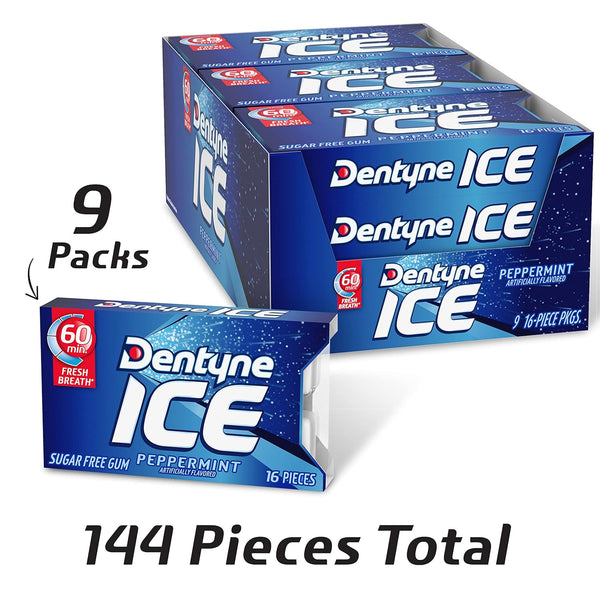 Dentyne Ice Peppermint Sugar Free Gum, 9 Packs of 16 Pieces (144 Pieces) | Chewing Gum, Perfect for Long Lasting Fresh Breath at School, Work &