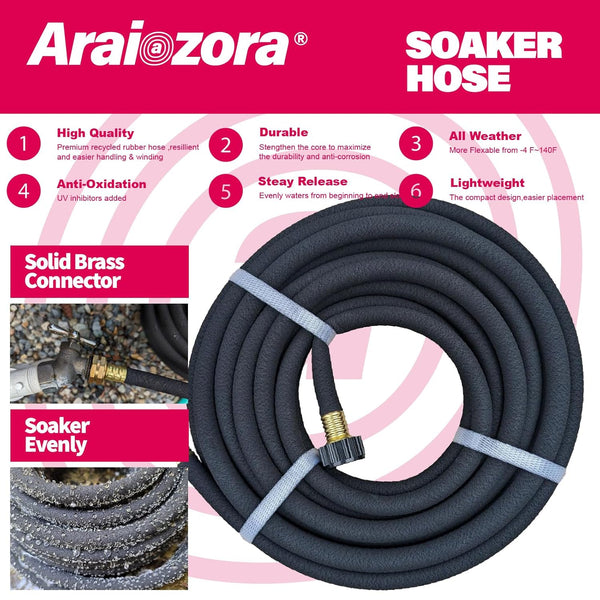 Soaker Hose 25 FT for Garden Beds,Heavy Duty Solid Brass Connector 1/2â Ruber Drip Irrigation for Flower Bed&Yard,Landscaping