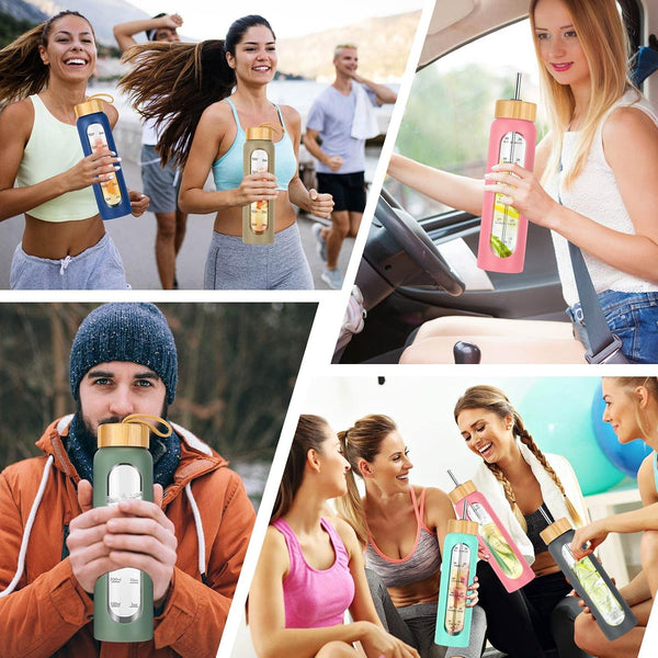 SipZest 32 oz Glass Water Bottle with Straw - Motivational Time Marker & Silicone Sleeve - Reusable Tumbler Includes 2 Bamboo Lids & Fruit Infuser