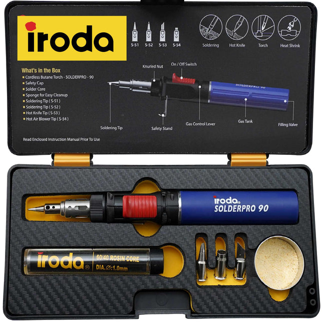 IRODA SOLDERPRO 90K Butane Soldering Iron Kit â 9 Piece Kit 3-In-1 Heat Tool (25â80W) Self-Igniting, Adjustable Flam