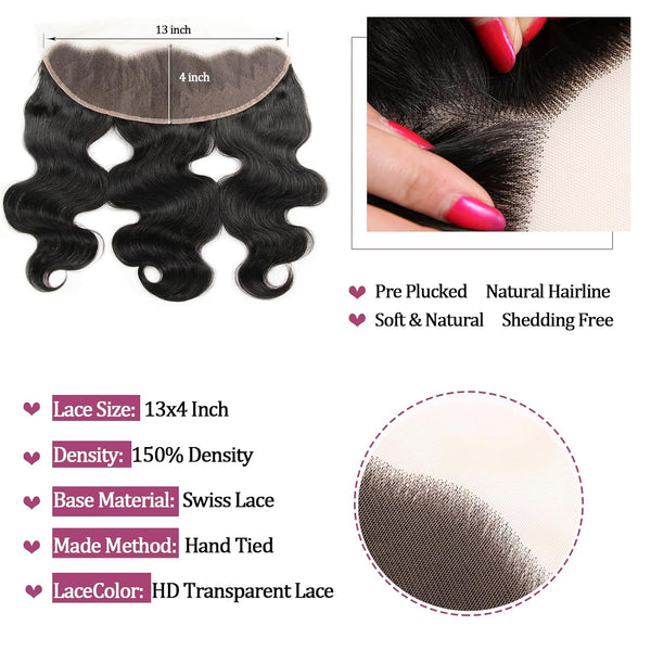 Body Wave Human Hair Bundles with Frontal (10 10 12 12+10Frontal) 12A 4 Bundles Human Hair with Closure 13X4 HD Lace Frontal 100% Unprocessed