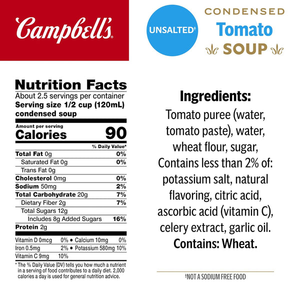 Campbell's Condensed Unsalted Tomato Soup, 10.75 oz Can Unsalted Tomato 10.75 Ounce (Pack of 1)