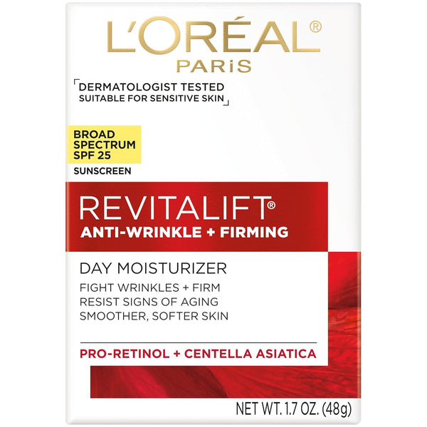 L'OrÃ©al Paris Revitalift Anti-Wrinkle and Firming Face Moisturizer with SPF 25, Pro-Retinol and Centella Asiatica, Paraben Free, 1.7 Oz (Packaging