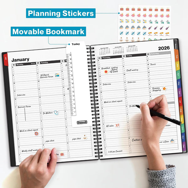 Dunwell Daily Planner 2026, 8.5x11 Appointment Book, 15-Min Hourly Schedule, Jan to Dec 2026, Large Planner with Colorful Tabs, Premium Paper