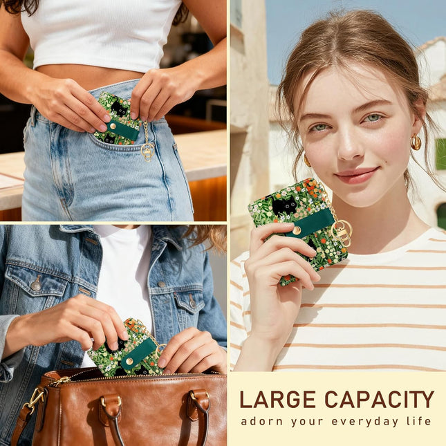 Black Cat Floral Rfid Women Wallet, Small Slim Thin Credit Card Wallet, PU Leather Bifold Cash Zipper Coin Pocket ID Win