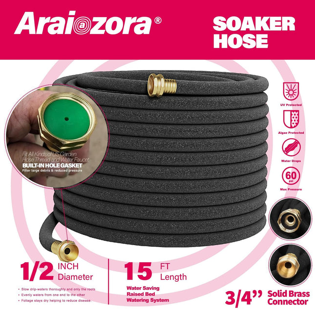 Soaker Hose 25 FT for Garden Beds,Heavy Duty Solid Brass Connector 1/2â Ruber Drip Irrigation for Flower Bed&Yard,Land