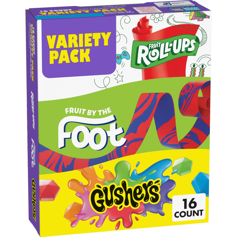 Fruit Roll-Ups, Fruit by the Foot and Gushers Fruit Flavored Snacks Variety Pack, Gluten Free, 16 Pouches, 10.2 oz Variety Pack 16 Count (Pack of 1)