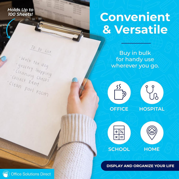 Plastic Clipboards (Set of 6) Transparent Clipboard (Clear) Strong 12.5 X 9 Inch | Holds 100 Sheets! Acrylic Clipboards with Low Profile Clip |