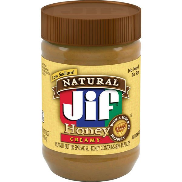 Jif Natural Creamy Peanut Butter Spread and Honey, 16 Oz. Jar | 7g protein per serving, 7% DV, See nutrition information for fat and saturated fat
