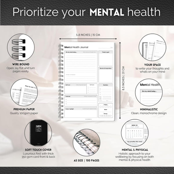 Mental Health Journal for Men | Daily Gratitude, Self Care, Intentions, Affirmations and Nutrition | A5 Mono