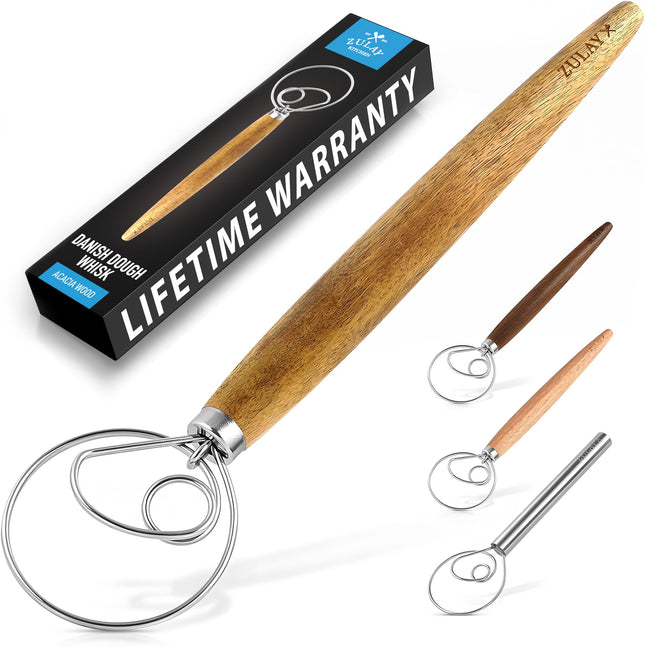 Zulay Kitchen 13 Inch Danish Dough Whisk - Large Wooden Danish Whisk for Dough with Stainless Steel Ring - Traditional D