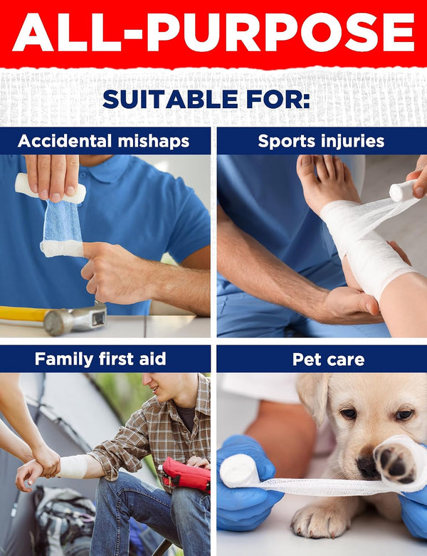 24 Gauze Rolls - 4" x 4.1yd - Soft and Breathable Rolled Gauze - Latex-Free Premium Individually Wrapped Bandages with Bonus Tape - First Aid
