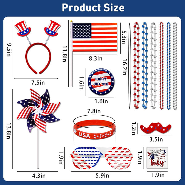 DysanVica 136PCS 4th of July Accessories - Patriotic Party Favors Fourth of July Decoration Supplies Headband Shutter Glasses Tattoo Sticker
