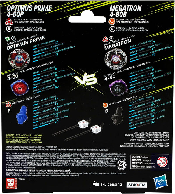 Beyblade X Transformers Collab Optimus Prime 4-60P vs. Megatron 4-80B Multipack Set with 2 Tops & 2 launchers; Battling Top Toys for 8 Year Old