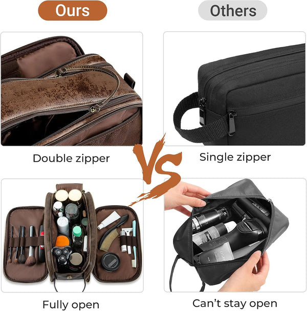 Elviros Toiletry Bag for Men PU Leather Shaving Dopp Kit (Large, Chocolate) | Water-Resistant Travel Organizer for Bathroom Toiletries, Grooming
