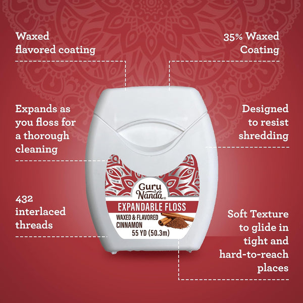 GuruNanda Expandable Waxed Dental Floss for Gentle, Deep Cleaning Wide Teeth Flossing - Cinnamon Flavor - 55 Yards Cinnamon 55 Yards (Pack of 1)