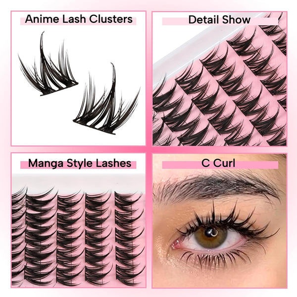 Lash Clusters Manga Eyelash Clusters Spiky Cluster Eyelash Extensions 80Pcs C Curl Individual Lashes Volume Anime Lash Clusters with Thin Band