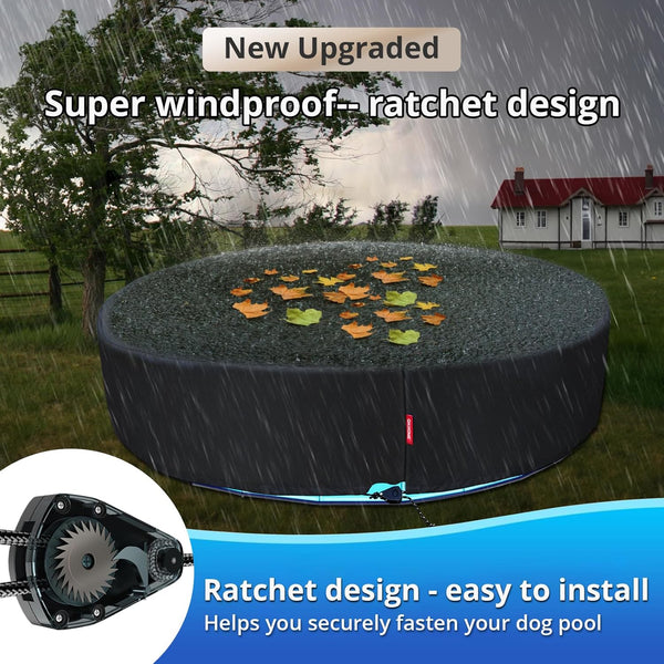 QH.HOME[2025 Upgraded Windproof] 63-64 Inch Kiddie Pool Cover Round, Collapsible Dog Pool Cover with Super Windproof Ratchet Design, Odorless