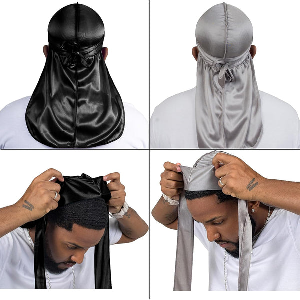 4PCS Silky Durags for Men Women 360 Waves with 1 Wave Cap, Silky Satin Durag Extra Long Tails Black Black Gray Gray