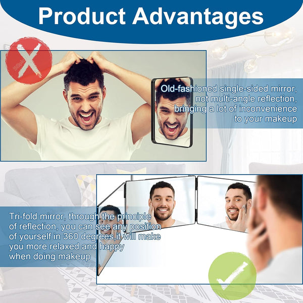 LMZNXCZ 3 Way Mirror for Self Hair Cutting,360 Haircuts Men for Barber Use Tools,to See Back of Head,Tri Fold Mirror with Portable Height