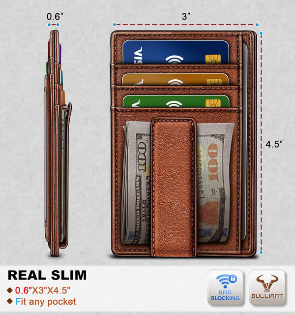 BULLIANT Men Slim Leather Wallet Money Clip 7Cards-Gift Boxed-RFID Blocking | Easy Access | Pocket Fit | Minimalist Skinny Brick Brown7490 Alaska