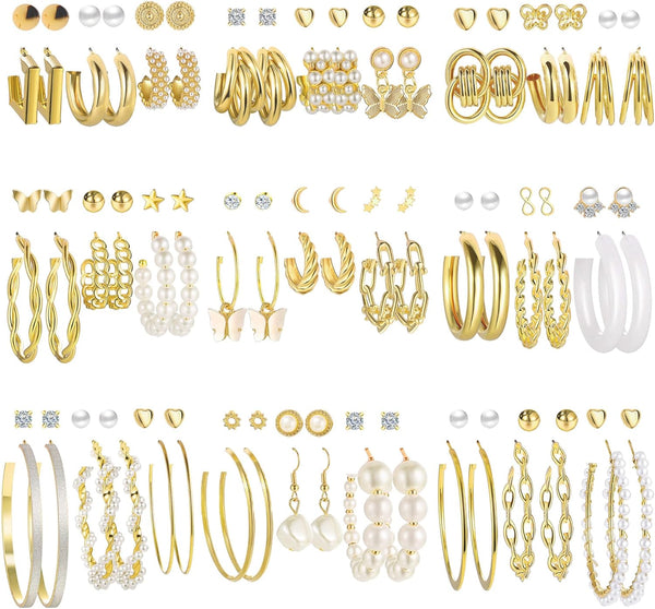 54 Pairs Gold Hoop Earrings Set for Women Multipack, Boho Fashion Statement Stud Hoop Earrings Pack with Pearl Butterfly Shaped Assorted Small Big