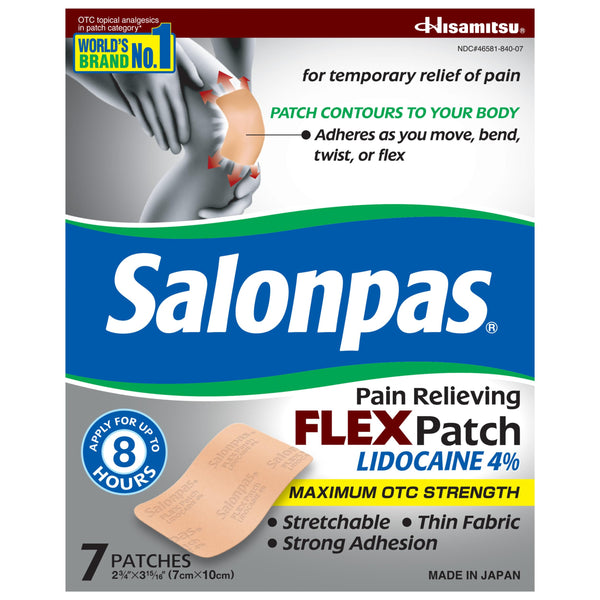 Salonpas Maximum OTC Strength Lidocaine 4% Pain Relieving Flex Patch, Apply for up to 8 Hours, Unscented, Thin, Flexible, Lightweight, Patch Stays