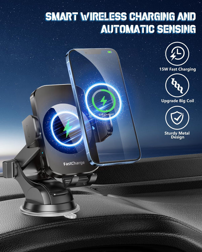 Wireless Car Charger, Fast Charging Phone Holder 3 in 1 Phone Mount Auto Clamping Car Accessories Compatible with Iphone