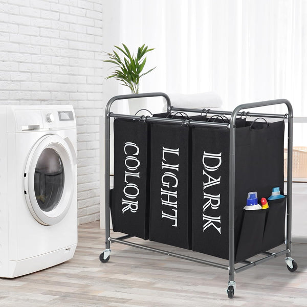 STORAGE MANIAC 3 Section Laundry Sorter, 3 Bag Laundry Hamper Cart with Heavy Duty Rolling Lockable Wheels and Removable Bags, Laundry Organizer