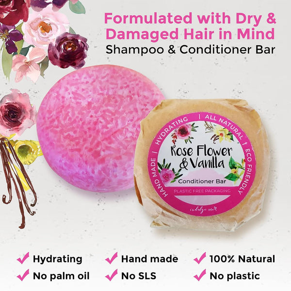 Solid Shampoo and Conditioner Bar - Eco Friendly Hair Care, Dry and Damaged Hair Treatment, Rose and Vanilla Scented, Jojoba Oil, Argan Oil For