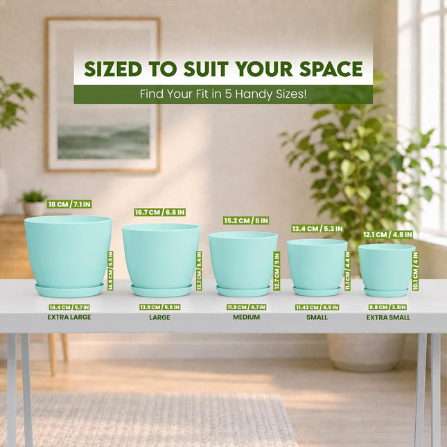 Plant Pots Indoor with Drainage, 5 Pack Multi-Size Planters Set, Aqua Pack of 5