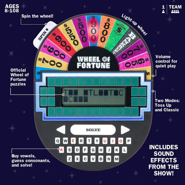 Educational Insights Wheel of Fortune Game - Handheld Electronic Game, Great for Travel, Classic Retro Party Games for Kids, Teens & Adults, Word