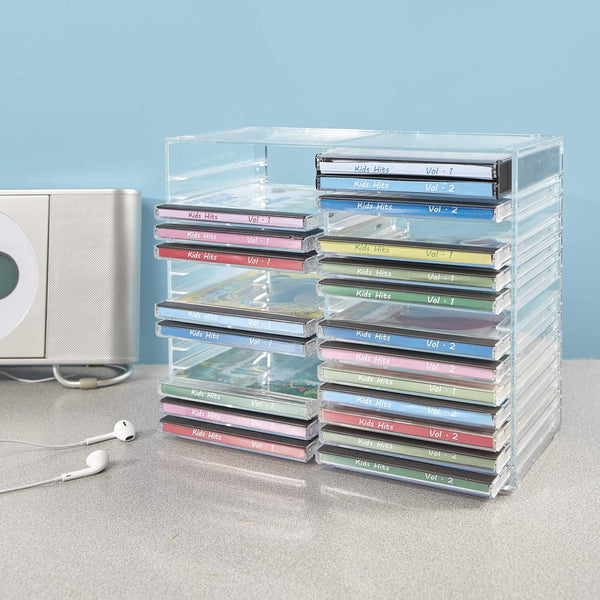 Stori Stackable Clear Plastic CD Organizer with Rubber Feet | Rectangular Jewel Cases Holder Perfect for Theatre Room | Holds up to 30 CD Cases |