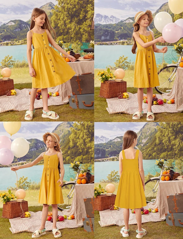 Arshiner Girl's Spaghetti Strap Button Down Summer Casual Sundress Dress | Midi, Sleeveless, A-line, with Pockets 9-10 Years Mustard