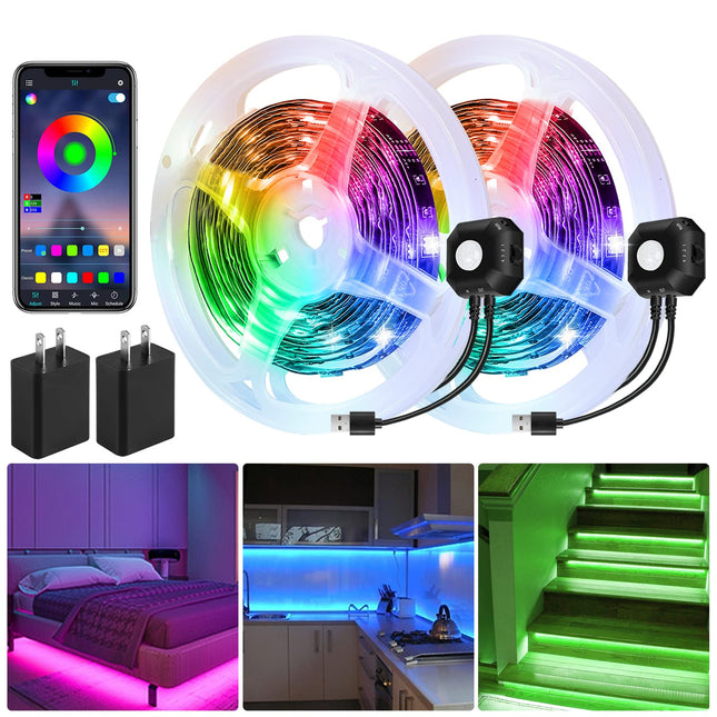 Motion Activated under Bed Light Strips, 2X9.8Ft RGB Motion Sensor LED Light Strip with App Control, USB 5V Dimmable LED