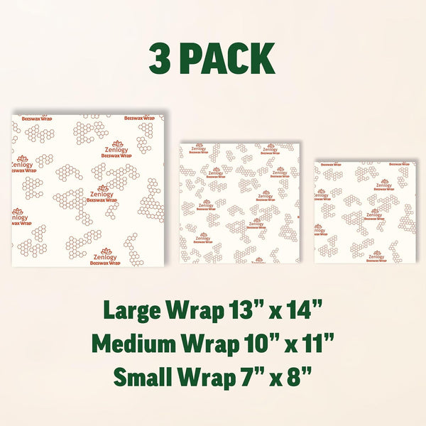 Zenlogy Reusable Beeswax Food Storage Wrap, Eco Friendly Alternative, Sustainable Organic Cut to Size Cotton Beeswax Wraps, 3 Pack (13" X 14", 10