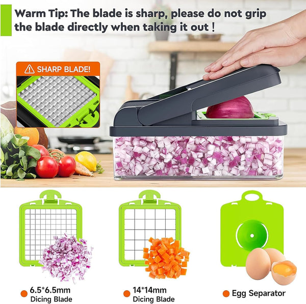 MealHelper 12-in-1 Vegetable Chopper, 7 Blade Veggie Chopper, Practical Food Chopper with Container, Cheese Grater, Home Essentials & Kitchen