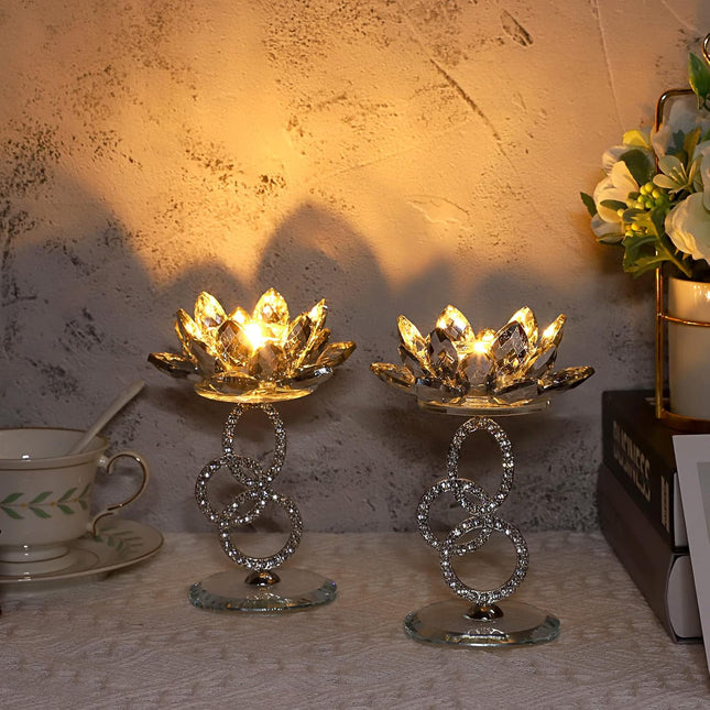 Ownmy Set of 2 Crystal Lotus Flower Candlestick Holders Metal Glass Lotus Pillar Candle Holders, Silver Crystal Lotus Vo