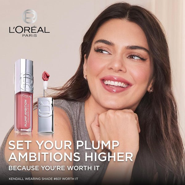 L'Oreal Paris Plump Ambition Hyaluron Lip Oil, 24 HR Lip Gloss with Hyaluronic Acid, Volumizing Formula with Glass-Like Shine, Worth It 601, 0.16