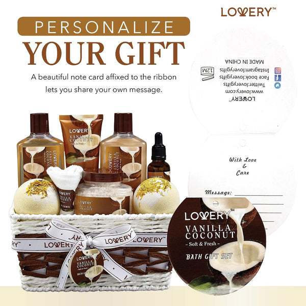 Gifts For Women Gift Basket for Women– 9 Piece Set of Vanilla Coconut Home Spa Set, Luxurious Gifts for Her, Bath and Body Sets Includes Fragrant