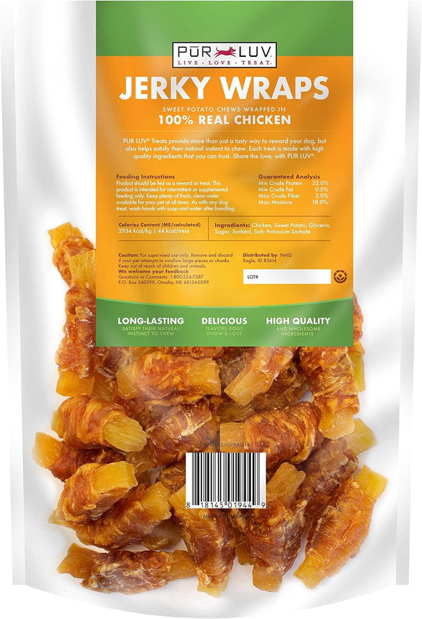 Pur Luv Chicken Wrapped Sweet Potato Dog Treats, Rawhide Free Jerky Wraps, Made with Real Chicken, 16 Oz, Healthy, Easily Digestible, Long