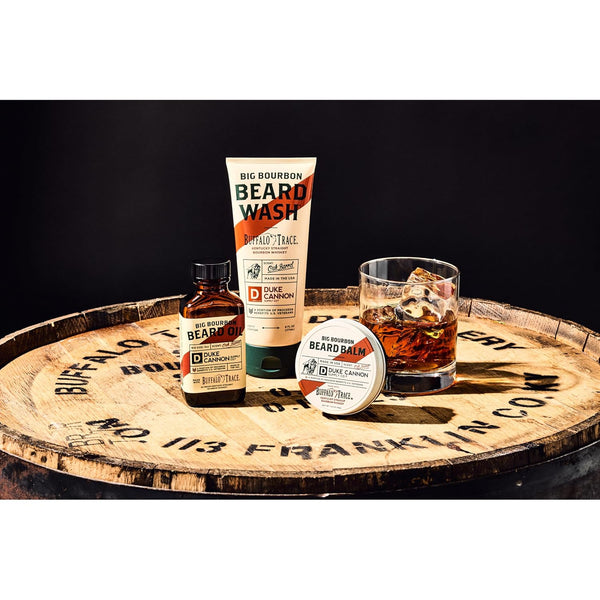 Duke Cannon Bourbon Beard Oil - Travel Size 1 fl. oz | Premium Apricot Kernel, Argan, & Jojoba Oils | Softens & Conditions | Woodsy Oak Barrel