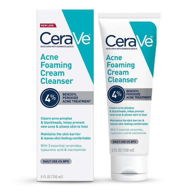 Cerave Acne Foaming Cream Cleanser, 4% Benzoyl Peroxide Face Wash with Hyaluroni